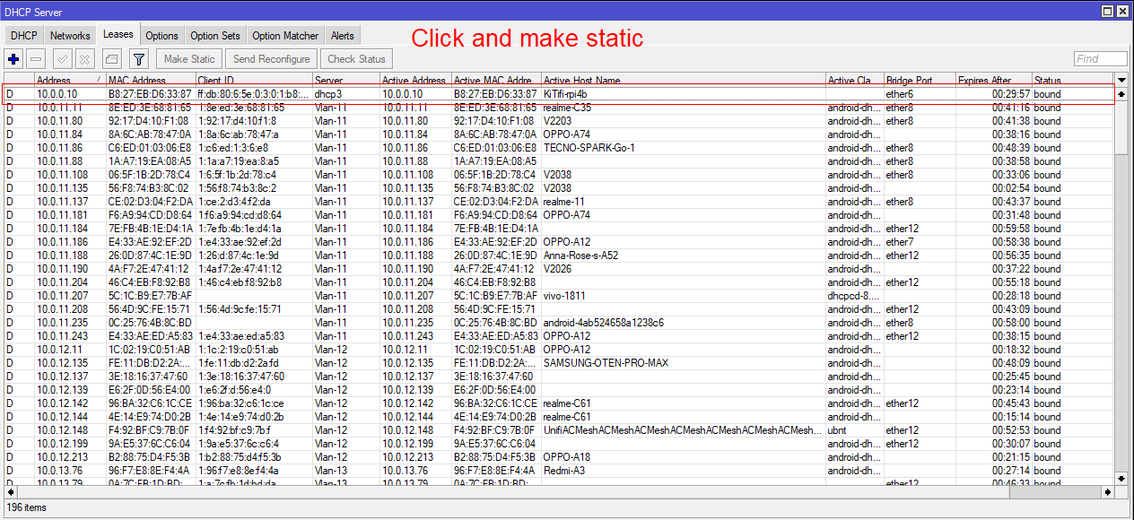 DHCP leases — click and make static